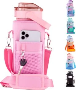 By Bresi - Waterfles 2 Liter MET Sleeve Roze - Gratis Armband! - Waterfles Met Rietje - Drinkbus - Drinkfles Met Rietje - Grote Waterfles - Bottle 2 Liter - Sportbidon - Sportfles Fitness - Waterkan - Gallon - Schenkfles - Waterflessen