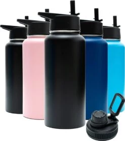 Thermosfles - Onyx Black - 1 Liter - Extra Dop Met Rietje & Drinktuit - Thermosflessen - Isoleerfles - BPA Vrij - Lekvrij - Thermoskan - Isoleerbeker - Thermosbeker
