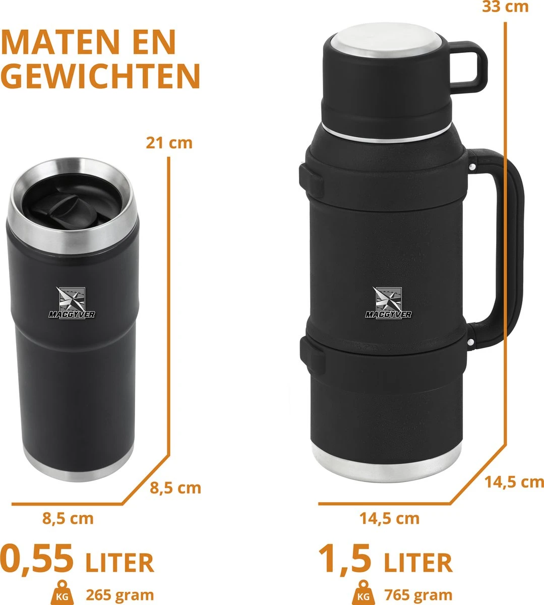 MacGyver RVS Thermoskan 1.5 Ltr – RVS Thermosbeker 0,55 Ltr - Langdurig Warm/koud - Zwart 5 MacGyver RVS Thermoskan 1.5 Ltr – RVS Thermosbeker 0,55 Ltr - Langdurig Warm/koud - Zwart - Afbeelding 5