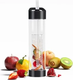 Waterfles Met Rietje - Fruit Filter - Tritan Drinkfles - Volwassenen - Zwart - Kerstcadeau