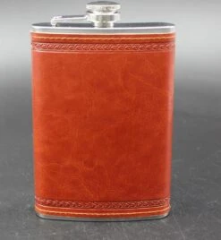 Merkloos Bruin Lederen RVS Heupfles 266 Ml / 9oz - Veldfles Leer - Platvink - Zakflacon - Heupflacon - Drankfles - Drankflacon - Leren Zakfles - Leather