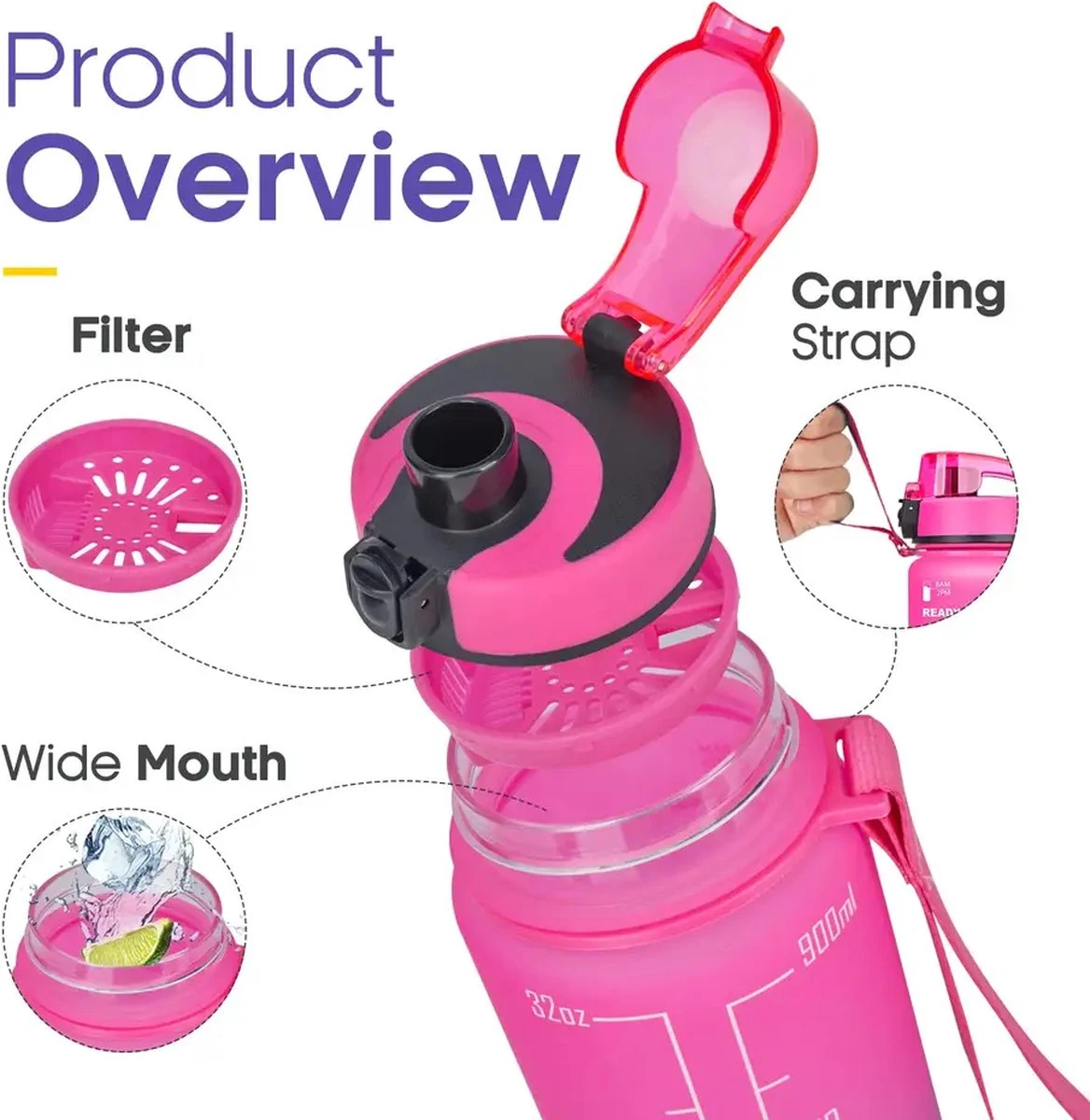 Splash®- Luxe Drinkfles - Motivatie Waterfles - Water Bottle - Waterfles 1 Liter - Bidon- Motivatie Drinkfles - Tijdmarkering - Fruitfilter- Roze/Blauw - Inc. KOOK E-BOOK! 2 Splash®- Luxe Drinkfles - Motivatie Waterfles - Water Bottle - Waterfles 1 Liter - Bidon- Motivatie Drinkfles - Tijdmarkering - Fruitfilter- Roze/Blauw - Inc. KOOK E-BOOK! - Afbeelding 2