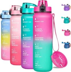 Splash®- Luxe Drinkfles - Motivatie Waterfles - Water Bottle - Waterfles 1 Liter - Bidon- Motivatie Drinkfles - Tijdmarkering - Fruitfilter- Roze/Blauw - Inc. KOOK E-BOOK!