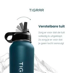 Tigrar - Waterfles - Drinkfles - Thermosfles 1 Liter Dubbelwandig - RVS - (Staal) Blauw - Incl. Extra Dop 3 Rietjes En Reiniger -Drinken Goedkope Winkel 1198x1200