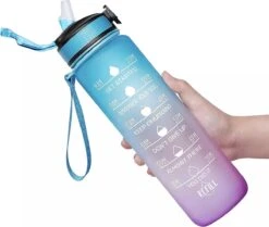 Designed On 45th | Motivatie Waterfles | Drinkfles Met Rietje | Waterfles Met Tijdmarkering | Waterfles 1 Liter | Blauw En Roze | BPA Vrij