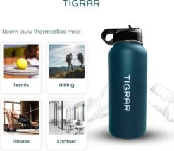 Tigrar - Waterfles - Drinkfles - Thermosfles 1 Liter Dubbelwandig - RVS - (Staal) Blauw - Incl. Extra Dop 3 Rietjes En Reiniger -Drinken Goedkope Winkel 1200x1044