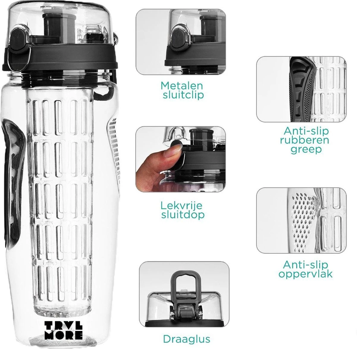 Merkloos Waterfles - Drinkfles - Waterfles Met Fruit Infuser – Zwart - 900ML 5 Merkloos Waterfles - Drinkfles - Waterfles Met Fruit Infuser – Zwart - 900ML - Afbeelding 5