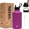 Waterfles 2 Liter Met Rietje Waterjug Volwassenen - Complete Set - RVS - 24uur Koud/12 Uur Warm - Paars