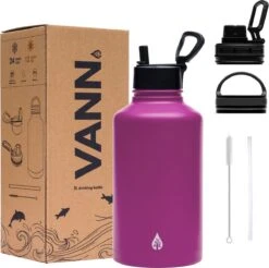 Waterfles 2 Liter Met Rietje Waterjug Volwassenen - Complete Set - RVS - 24uur Koud/12 Uur Warm - Paars