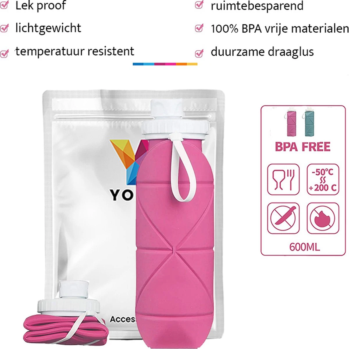 YONO Opvouwbare Waterfles - Siliconen Drinkfles Voor Onderweg - Compact En BPA-vrij - 600 ML - Roze 5 YONO Opvouwbare Waterfles - Siliconen Drinkfles Voor Onderweg - Compact En BPA-vrij - 600 ML - Roze - Afbeelding 5