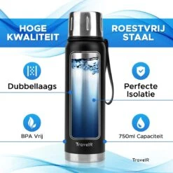TravelR Thermosfles - Thermoskan - Drinkfles - Isoleerfles - BPA Vrij - Roestvrij Staal - 750 ML - Mat Zwart -Drinken Goedkope Winkel 1200x1200 18
