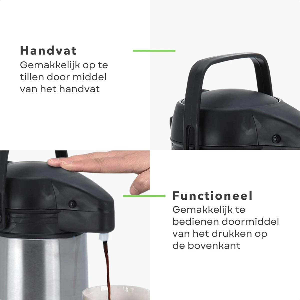 Cheqo® Thermos Pomp - 1.8L Roestvrij Staal - Isoleerkan Met Pomp - Thermoskan Met Pomp - Zwarte Dop & Handvat - Houdt 6 Uur Warm - 1800ml - Afmeting 17x14x36cm 2 Cheqo® Thermos Pomp - 1.8L Roestvrij Staal - Isoleerkan Met Pomp - Thermoskan Met Pomp - Zwarte Dop & Handvat - Houdt 6 Uur Warm - 1800ml - Afmeting 17x14x36cm - Afbeelding 2