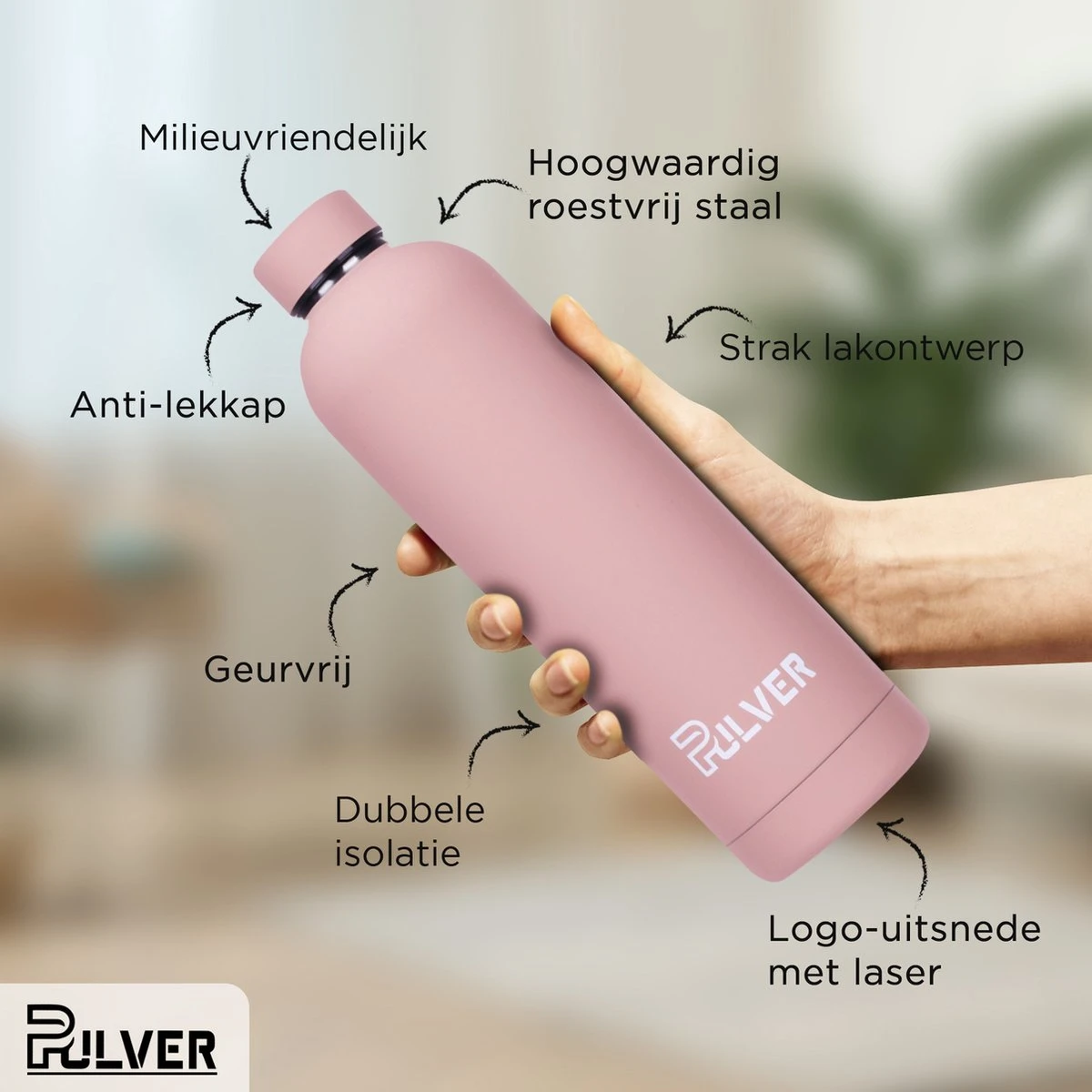 Pulver - RVS Thermosfles / Drinkfles – BPA Vrij – 750 Ml - Waterfles Met Draaidop – Drinkfles – Dubbele Isolatie - Rubberen Coating- Licht Roze 2 Pulver - RVS Thermosfles / Drinkfles – BPA Vrij – 750 Ml - Waterfles Met Draaidop – Drinkfles – Dubbele Isolatie - Rubberen Coating- Licht Roze - Afbeelding 2