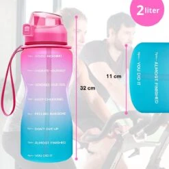 FLOOQ - Waterfles - Bidon - Sportdrankfles - Grote Waterfles - Rietje - 2 Liter - Lekvrij - Tijdsmarkering - Motivatie Waterfles - Blauw/Roze -Drinken Goedkope Winkel 1200x1200 491