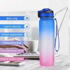 Merkloos Motivatie Waterfles Met Tijdmarkering | Sport Waterfles | Drinkfles Met Rietje | Tritan Waterflessen | Lekvrije Sportfles | 1 Liter Waterfles | Motivatie Waterfles | Motiverende Drinkfles | Drinkflessen | BPA Vrij | Cadeau | Blauw Roze -Drinken Goedkope Winkel 1200x1200 744
