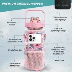 WaterBuddy Waterfles 2 Liter - Waterfles Met Rietje - Grote Waterfles - Sportbidon - Twee Liter Waterfles - Sportfles - Sportfles Fitness - Bottle 2 Liter- Drinkfles - Schenkfles - Roze Transparant - Waterflessen- Waterfles 2 Liter Met Tijdmarkering