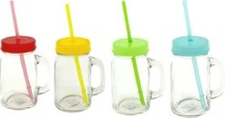 4x Stuks Glazen Mason Jar Drinkbekers Kunstof Schroefdeksel En Rietje 400 Ml - Fruit Shakes