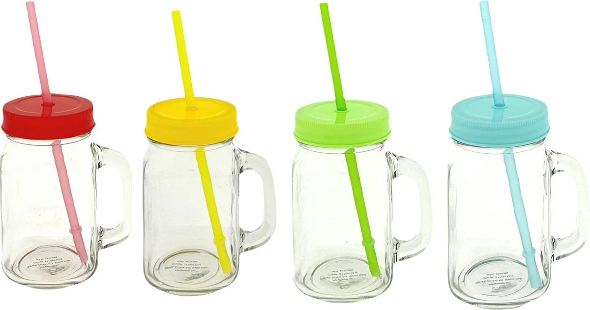 4x Stuks Glazen Mason Jar Drinkbekers Kunstof Schroefdeksel En Rietje 400 Ml - Fruit Shakes 1 4x Stuks Glazen Mason Jar Drinkbekers Kunstof Schroefdeksel En Rietje 400 Ml - Fruit Shakes