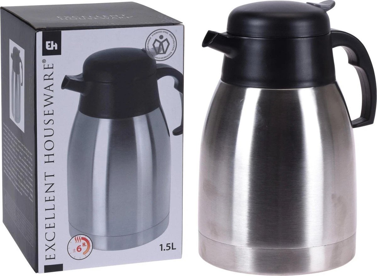 Excellent Houseware 1x Koffie/thee Thermoskan RVS 1500 Ml - Isoleerkannen Voor Warme / Koude Dranken 2 Excellent Houseware 1x Koffie/thee Thermoskan RVS 1500 Ml - Isoleerkannen Voor Warme / Koude Dranken - Afbeelding 2