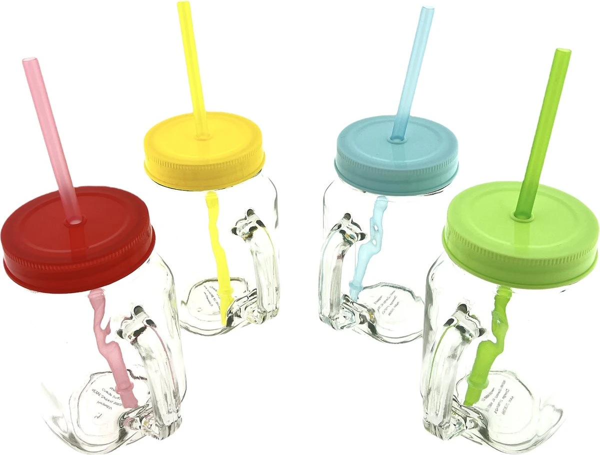4x Stuks Glazen Mason Jar Drinkbekers Kunstof Schroefdeksel En Rietje 400 Ml - Fruit Shakes 2 4x Stuks Glazen Mason Jar Drinkbekers Kunstof Schroefdeksel En Rietje 400 Ml - Fruit Shakes - Afbeelding 2