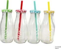 Glazen Flesjes - 4 Stuks - Met Rietje - 300ml - Bekers - Fles