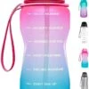 FLOOQ - Waterfles - Bidon - Sportdrankfles - Grote Waterfles - Rietje - 2 Liter - Lekvrij - Tijdsmarkering - Motivatie Waterfles - Blauw/Roze