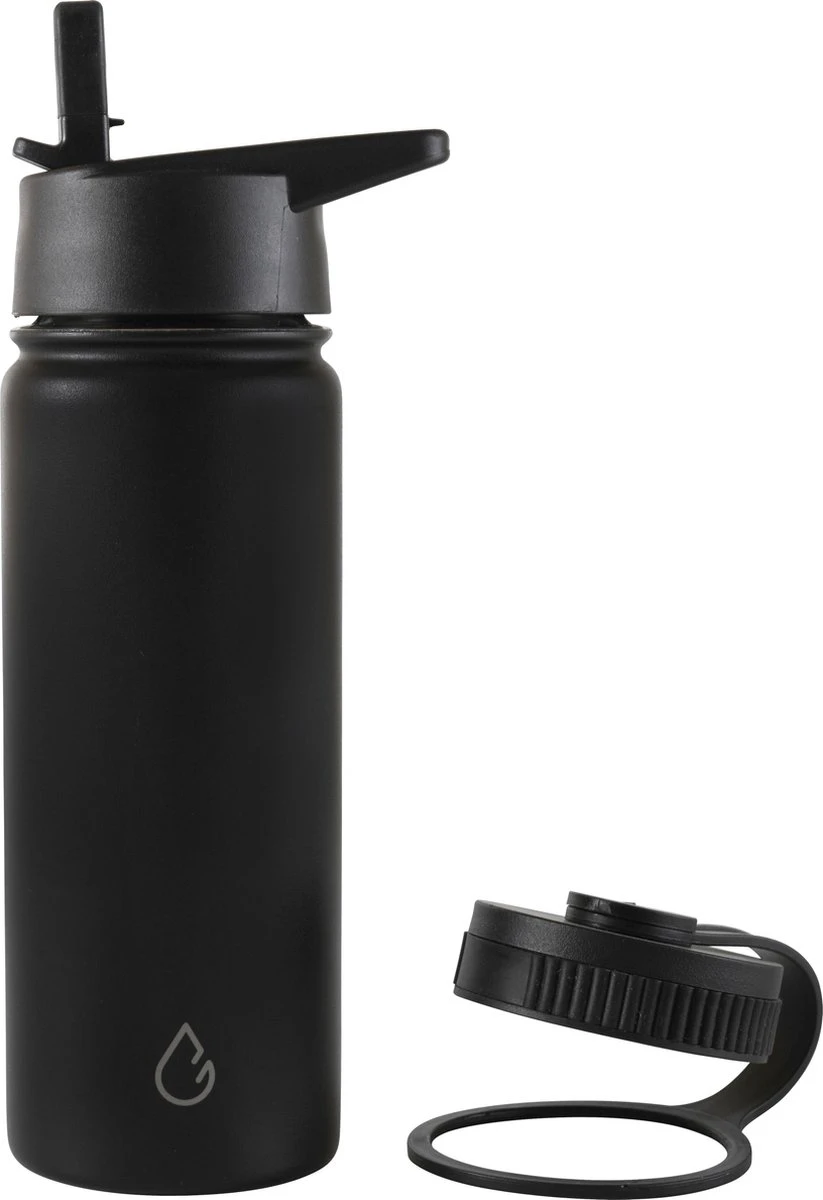 Wattamula PRO Eco Drinkfles - RVS - Zwart - 530 Ml - Extra Dop Met Rietje