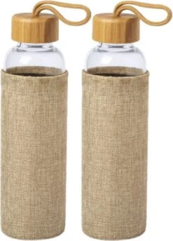 2x Stuks Glazen Waterfles/drinkfles Met Naturel Bamboe Houten Bescherm Hoes 550 Ml - Sportfles - Bidon
