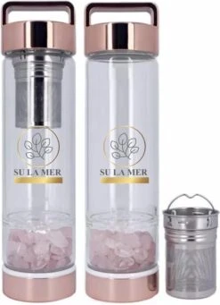 Duurzame Waterfles Met Kristal - Roségoud - Roestvrij Staal - Rozenkwarts Edelstenen - Verrijkt En Verzacht Water - Inclusief Thee/fruit Infuser - Edelstenen - 550 Ml - Waterfles - Drinkfles -Drinken Goedkope Winkel 869x1200