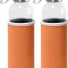 2x Stuks Glazen Waterfles/drinkfles Met Oranje Softshell Bescherm Hoes 520 Ml - Sportfles - Bidon