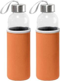2x Stuks Glazen Waterfles/drinkfles Met Oranje Softshell Bescherm Hoes 520 Ml - Sportfles - Bidon