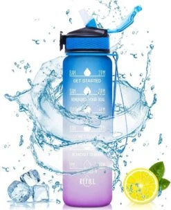 Merkloos Motivatie Waterfles Met Tijdmarkering | Sport Waterfles | Drinkfles Met Rietje | Tritan Waterflessen | Lekvrije Sportfles | 1 Liter Waterfles | Motivatie Waterfles | Motiverende Drinkfles | Drinkflessen | BPA Vrij | Cadeau | Blauw Roze